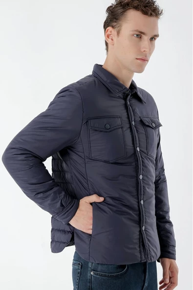 Slimfit Çıtçıt Kapamalı Yan Fermuar Cepli Gömlek Yaka Yandan Yırtmaçlı Baharlık Kapitone Mont - 9