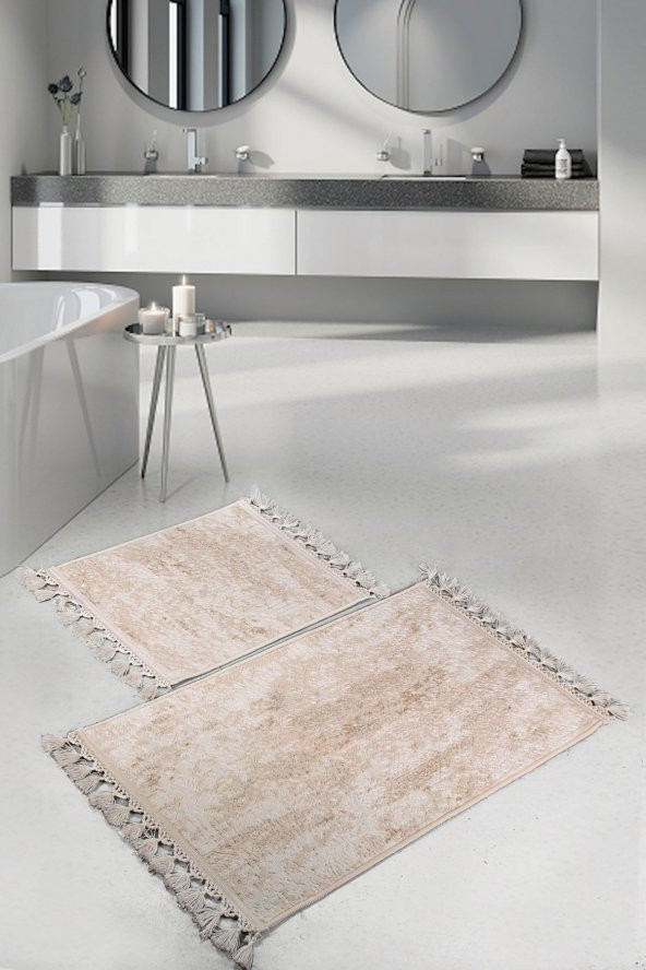 Nova Krem 60x100 + 50x60 cm 2li Köşeli Ponpon Saçaklı Banyo Halısı Kaymaz Yıkanabilir Paspas Seti