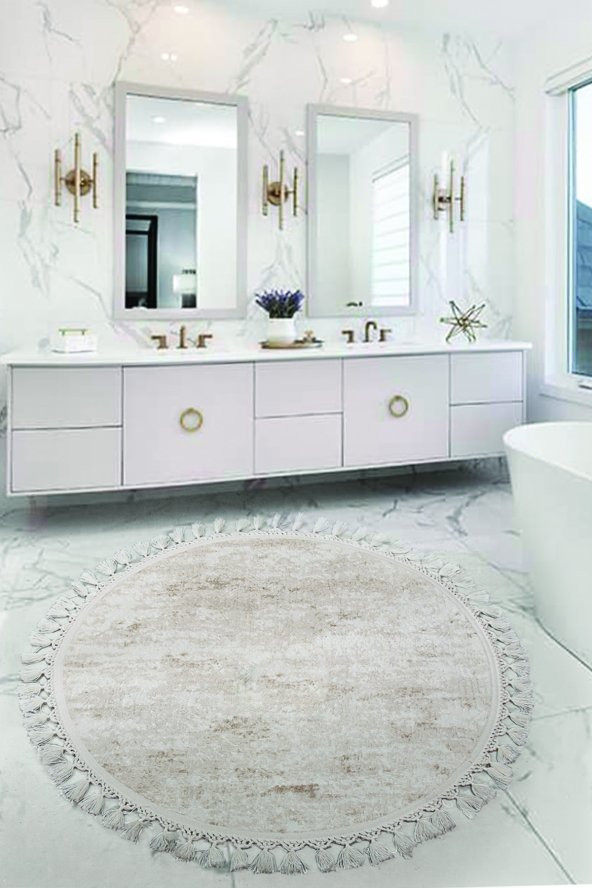 Nova Krem Yuvarlak 100x100 Cm Ponpon Saçaklı Kaymaz Tabanlı Makinede Yıkanabilir Banyo Paspası