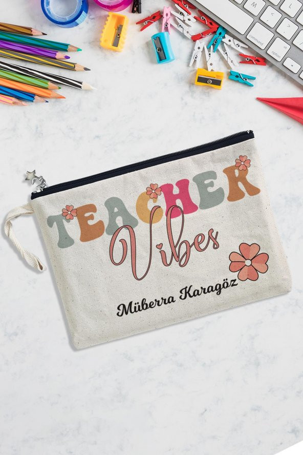 İsme Özel Teacher Vibes Öğretmene Hediye Astarlı Clutch Çanta