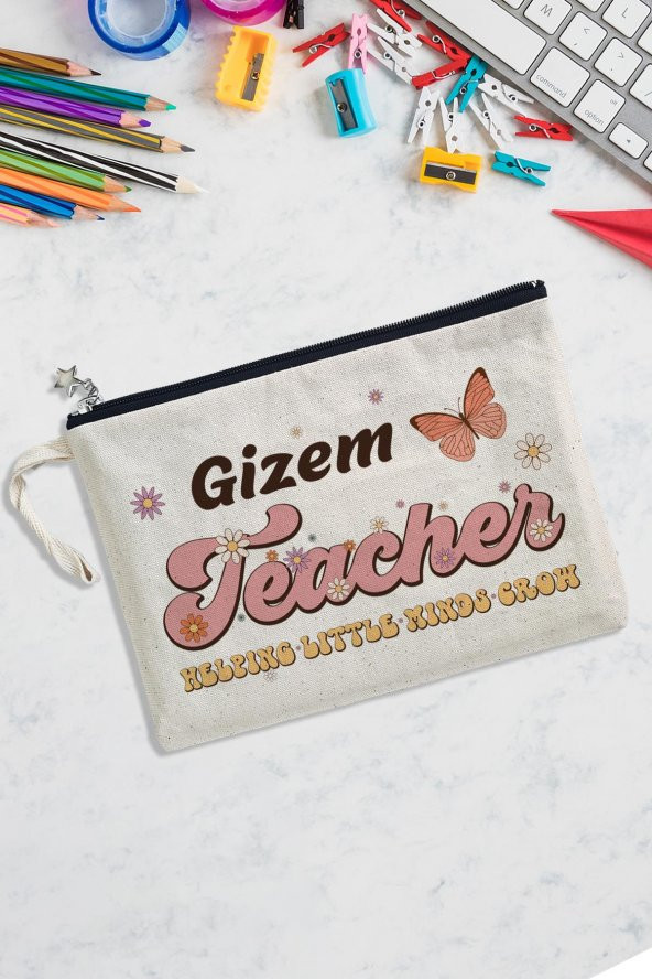 İsme Özel Kelebekli Öğretmenler Günü Hediyesi Astarlı Clutch Çanta