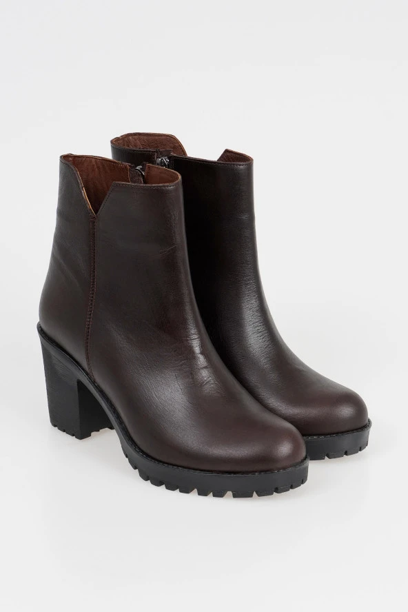 Hakiki Deri Kadın Topuklu Bot Klasik Düz Model Fermuarlı - 10