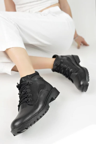 Muggo Best Garantili Kadın Günlük Hakiki Deri Kışlık Bağcıklı Bot - 2