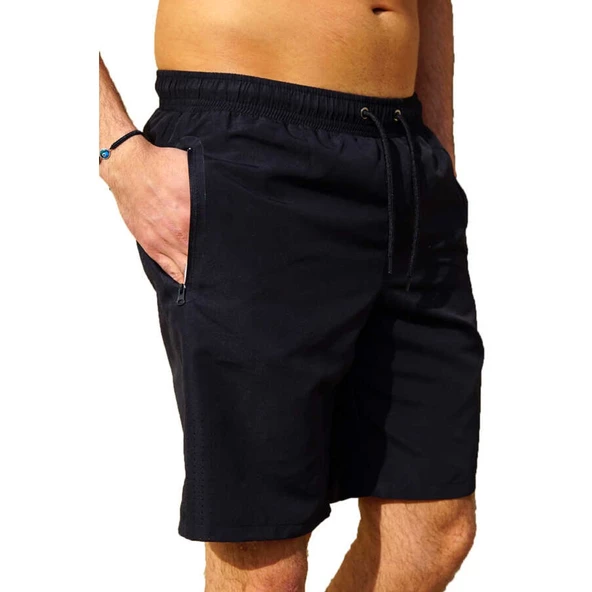 Siyah Su İtici Özellikli Düz Renk Erkek Uzun Deniz Şort - 2203-Siyah - Resim 8