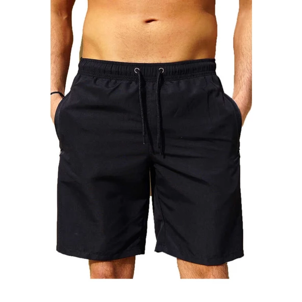 Siyah Su İtici Özellikli Düz Renk Erkek Uzun Deniz Şort - 2203-Siyah - Resim 2