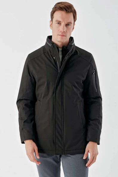 Slimfit Dik Yaka Fermuar Ve Çıtçıt Kapamalı Gizli Kapşonlu Yan Cepli Astarlı Kapitone Mont - Resim 12