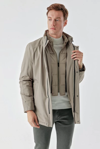 Slimfit Dik Yaka Fermuar Ve Çıtçıt Kapamalı Gizli Kapşonlu Yan Cepli Astarlı Kapitone Mont - Resim 3