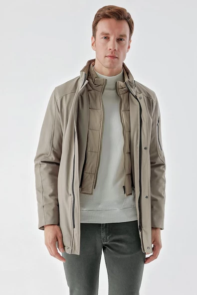 Slimfit Dik Yaka Fermuar Ve Çıtçıt Kapamalı Gizli Kapşonlu Yan Cepli Astarlı Kapitone Mont - Resim 2