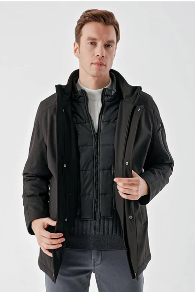 Slimfit Dik Yaka Fermuar Ve Çıtçıt Kapamalı Gizli Kapşonlu Yan Cepli Astarlı Kapitone Mont - Resim 9