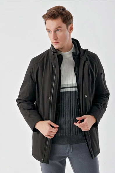 Slimfit Dik Yaka Fermuar Ve Çıtçıt Kapamalı Gizli Kapşonlu Yan Cepli Astarlı Kapitone Mont - Resim 10