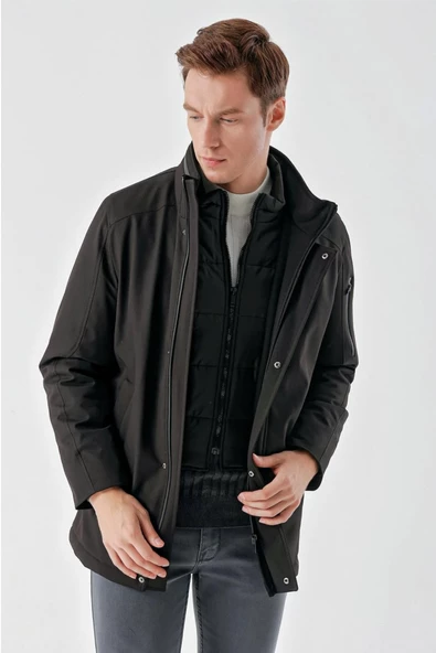 Slimfit Dik Yaka Fermuar Ve Çıtçıt Kapamalı Gizli Kapşonlu Yan Cepli Astarlı Kapitone Mont - Resim 11