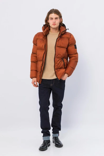 Erkek Kapüşonlu Fermuarlı Cepli Kışlık Şişme Kısa Mont ürün görseli 1