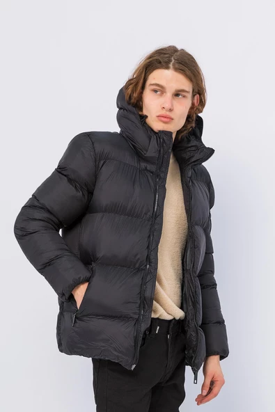 Erkek Kapüşonlu Fermuarlı Cepli Kışlık Şişme Kısa Mont - 2