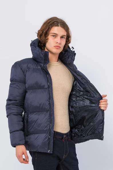 Erkek Kapüşonlu Fermuarlı Cepli Kışlık Şişme Kısa Mont - 10