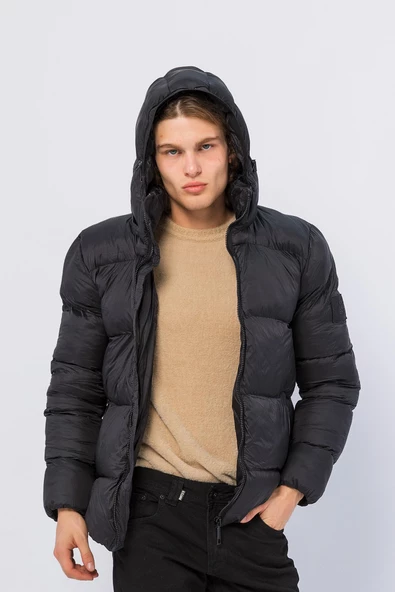 Erkek Kapüşonlu Fermuarlı Cepli Kışlık Şişme Kısa Mont - 6