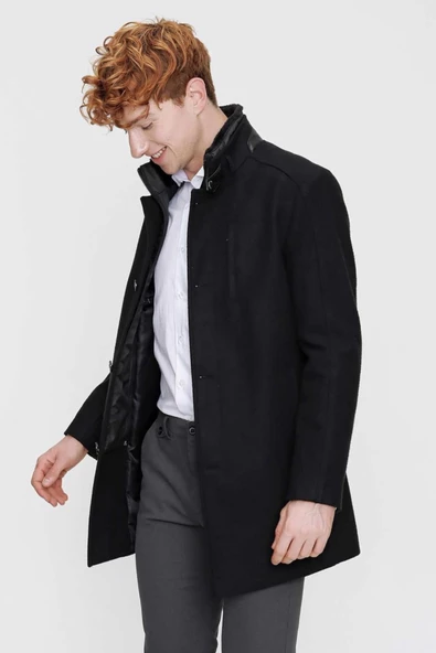 Slimfit Hakim Yaka Düğme Kapamalı Yan Cepli Yakası Kürklü Astarlı Tek Yırtmaçlı Kaşe Kaban - 2