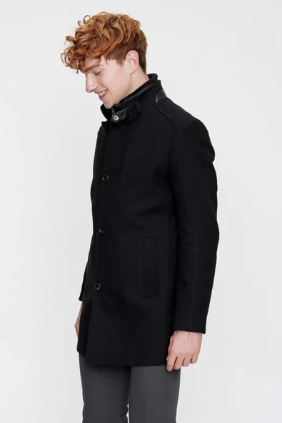 Slimfit Hakim Yaka Düğme Kapamalı Yan Cepli Yakası Kürklü Astarlı Tek Yırtmaçlı Kaşe Kaban - 4