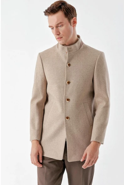 Slimfit Hakim Yaka Düğmeli Yan Cepli Astarlı Tek Yırtmaçlı Kaşe Kaban - 3