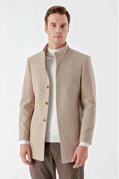 Slimfit Hakim Yaka Düğmeli Yan Cepli Astarlı Tek Yırtmaçlı Kaşe Kaban - 4