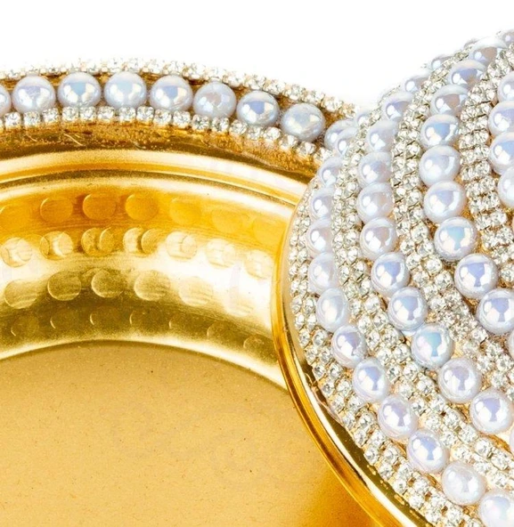 İnci ve Swarovski Taşlı Şekerlik Drajelik Lokumluk Metal Kubbe Altın - Resim 4