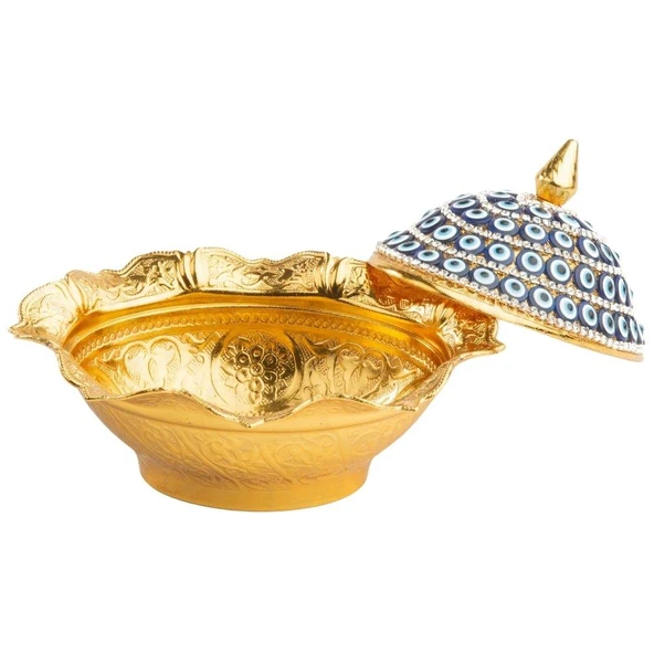 Nazar ve Swarovski Taşlı Şekerlik Büyük Oval Kapaklı Drajelik Dekoratif Altın - 3