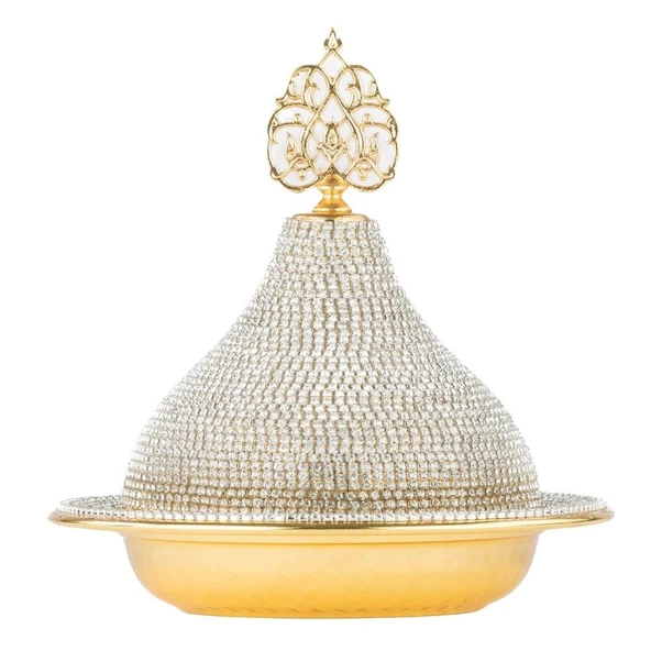 Swarovski Taşlı Şekerlik Drajelik Lokumluk Metal Kubbe Altın