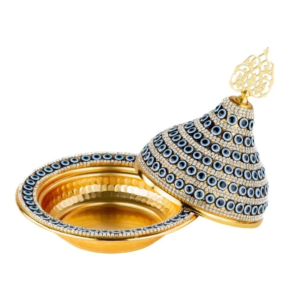 Nazar ve Swarovski Taşlı Şekerlik Drajelik Lokumluk Metal Kubbe Altın - 3