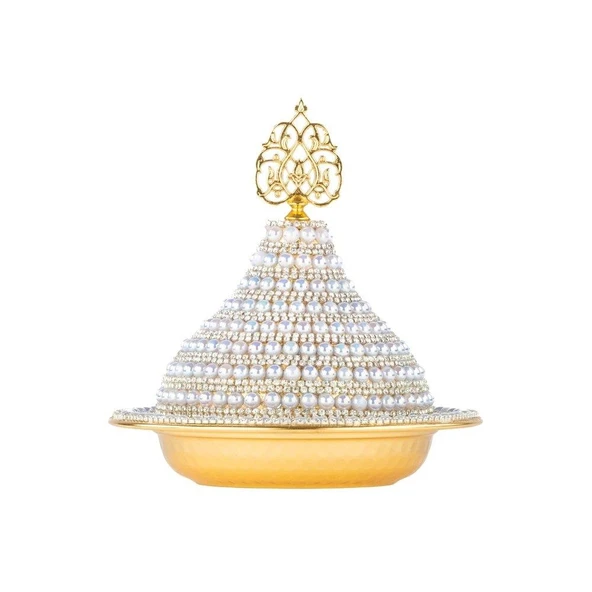 İnci ve Swarovski Taşlı Şekerlik Drajelik Lokumluk Metal Kubbe Altın ürün görseli