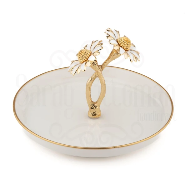 Porselen Servis Sunum Tabağı Beyaz Papatya 15 Cm Porselen Servis Altın