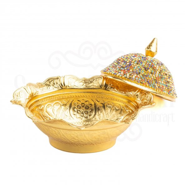 Renkli Swarovski Taşlı Şekerlik Büyük Oval Kapaklı  Drajelik Dekoratif  Altın - 3