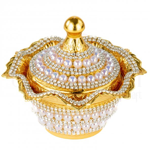 İncili ve Swarovski Taşlı Şekerlik Drajelik Dekoratif Büyük Yuvarlak Lalegül Altın - 2