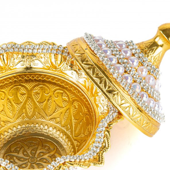 İncili ve Swarovski Taşlı Şekerlik Drajelik Dekoratif Büyük Yuvarlak Lalegül Altın - 4