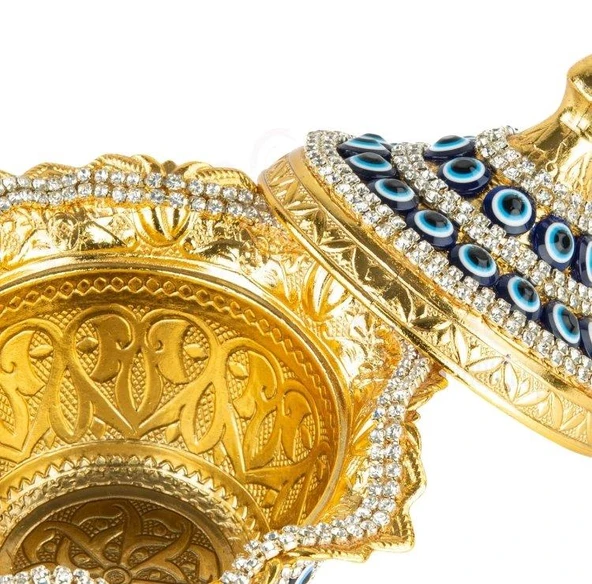 Nazar ve Swarovski Taşlı Şekerlik Drajelik Dekoratif Büyük Yuvarlak Lalegül Altın - 2
