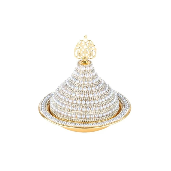 İnci ve Swarovski Taşlı Şekerlik Drajelik Lokumluk Metal Kubbe Altın - Resim 2