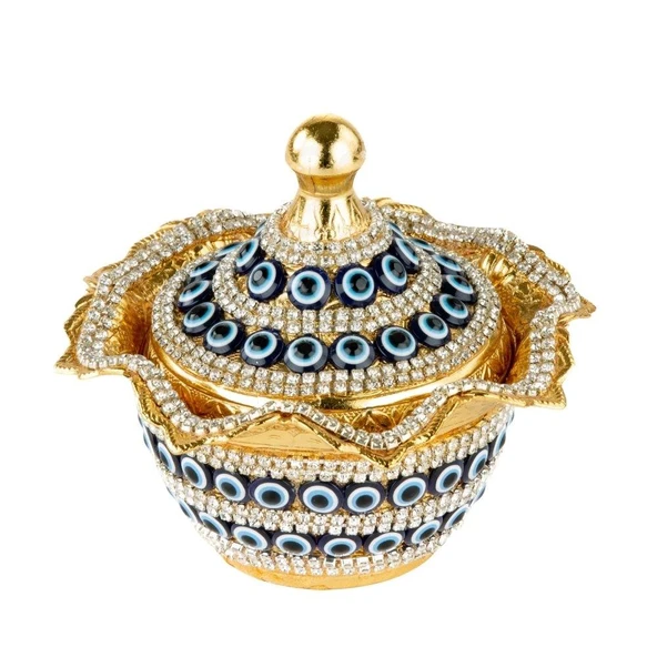 Nazar ve Swarovski Taşlı Şekerlik Drajelik Dekoratif Büyük Yuvarlak Lalegül Altın - 3