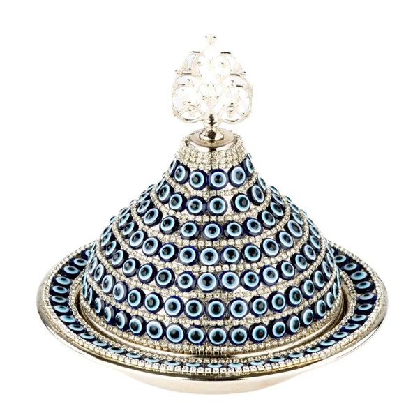Nazar ve Swarovski Taşlı Şekerlik Drajelik Lokumluk Metal Kubbe Gümüş - 2