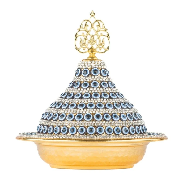 Nazar ve Swarovski Taşlı Şekerlik Drajelik Lokumluk Metal Kubbe Altın