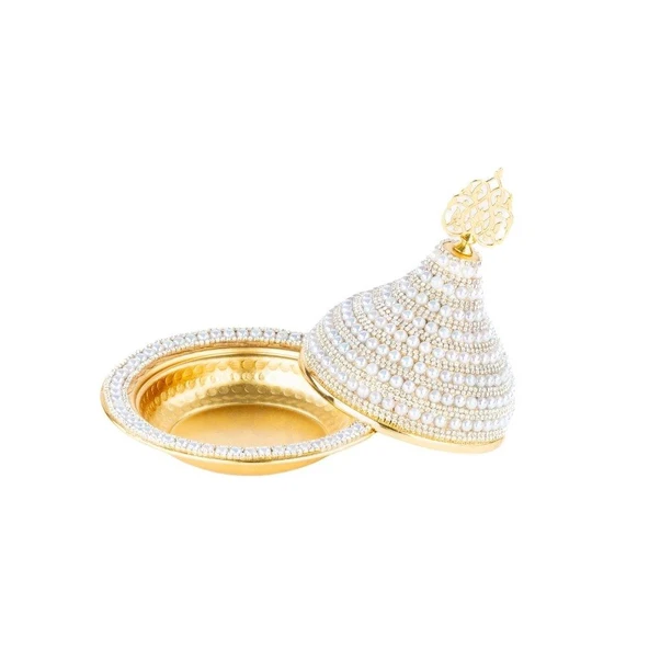 İnci ve Swarovski Taşlı Şekerlik Drajelik Lokumluk Metal Kubbe Altın - Resim 3