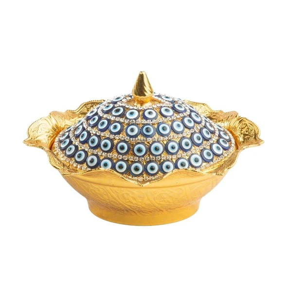 Nazar ve Swarovski Taşlı Şekerlik Büyük Oval Kapaklı Drajelik Dekoratif Altın - 2