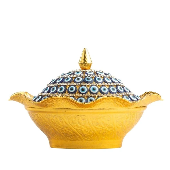 Nazar ve Swarovski Taşlı Şekerlik Büyük Oval Kapaklı Drajelik Dekoratif Altın