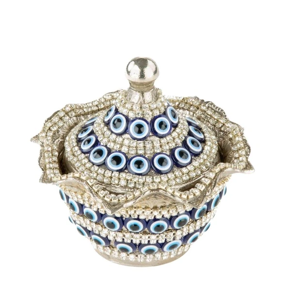 Nazar ve Swarovski Taşlı Şekerlik Drajelik Dekoratif Küçük Yuvarlak Lalegül Nikel - 2