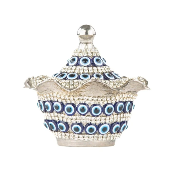 Nazar ve Swarovski Taşlı Şekerlik Drajelik Dekoratif Küçük Yuvarlak Lalegül Nikel