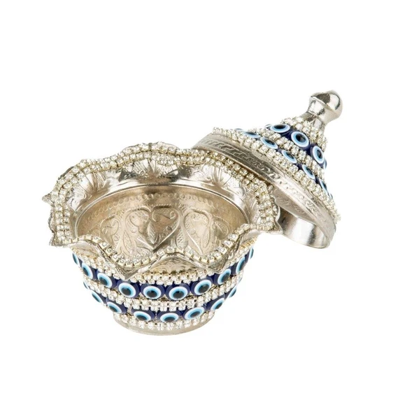 Nazar ve Swarovski Taşlı Şekerlik Drajelik Dekoratif Küçük Yuvarlak Lalegül Nikel - 3