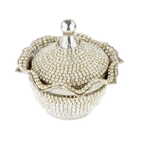 Swarovski Taşlı Şekerlik Drajelik Dekoratif Küçük Yuvarlak Lalegül Nikel - 2