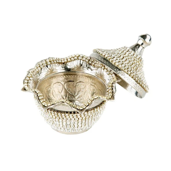 Swarovski Taşlı Şekerlik Drajelik Dekoratif Küçük Yuvarlak Lalegül Nikel - 3