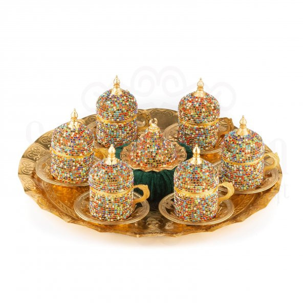 Renkli Taşlı Kahve Fincanı Takımı 6'lı Sarmaşık Altın