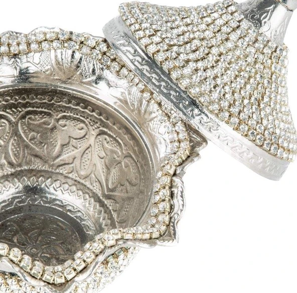 Swarovski Taşlı Şekerlik Drajelik Dekoratif Küçük Yuvarlak Lalegül Nikel - 4