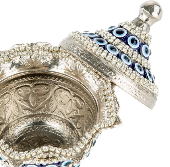 Nazar ve Swarovski Taşlı Şekerlik Drajelik Dekoratif Küçük Yuvarlak Lalegül Nikel - 4