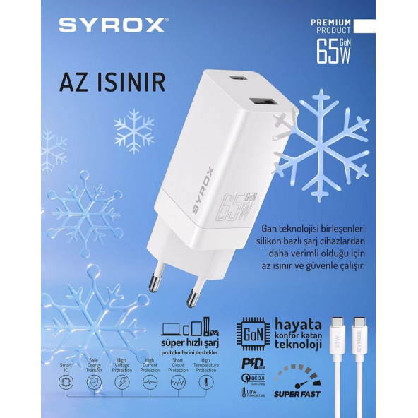 Syrox GAN65T SuperFast 65W USB 3.0 + PD GaN Type-C to Type-C Kablolu Şarj Aleti 65W Süper Hızlı Şarj Adaptörü - 2