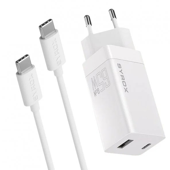 Syrox GAN65T SuperFast 65W USB 3.0 + PD GaN Type-C to Type-C Kablolu Şarj Aleti 65W Süper Hızlı Şarj Adaptörü - 6